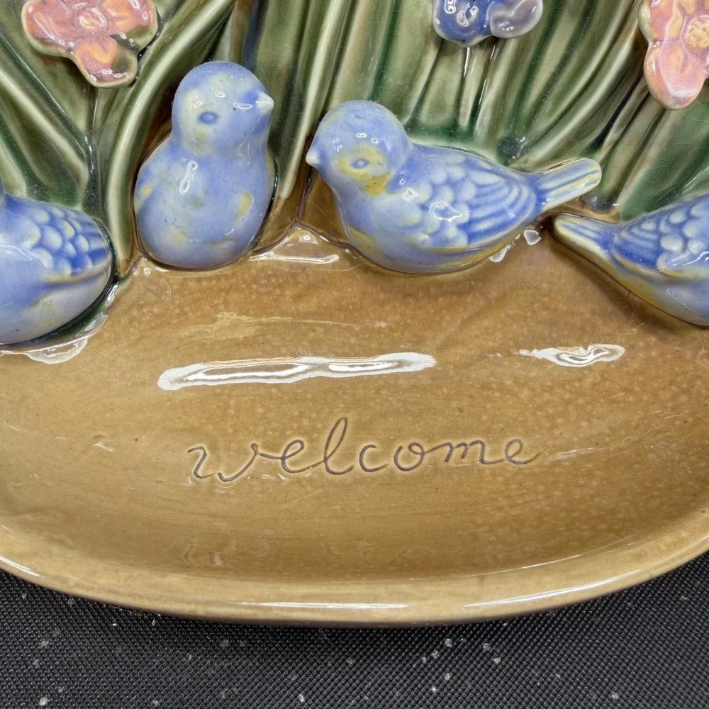 Ceramic Bluebird Welcome Sign Garden‎ Decor Blue Birds Flowers Bowl Dish 9 Inch